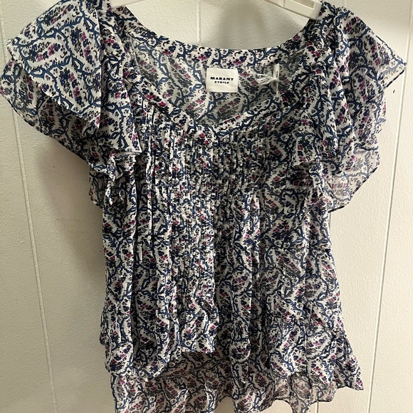 NWT ISABEL MARANT Etoile Madrana Print Flutter Sleeve Blouse Top - Blue White 4 - Picture 2 of 7